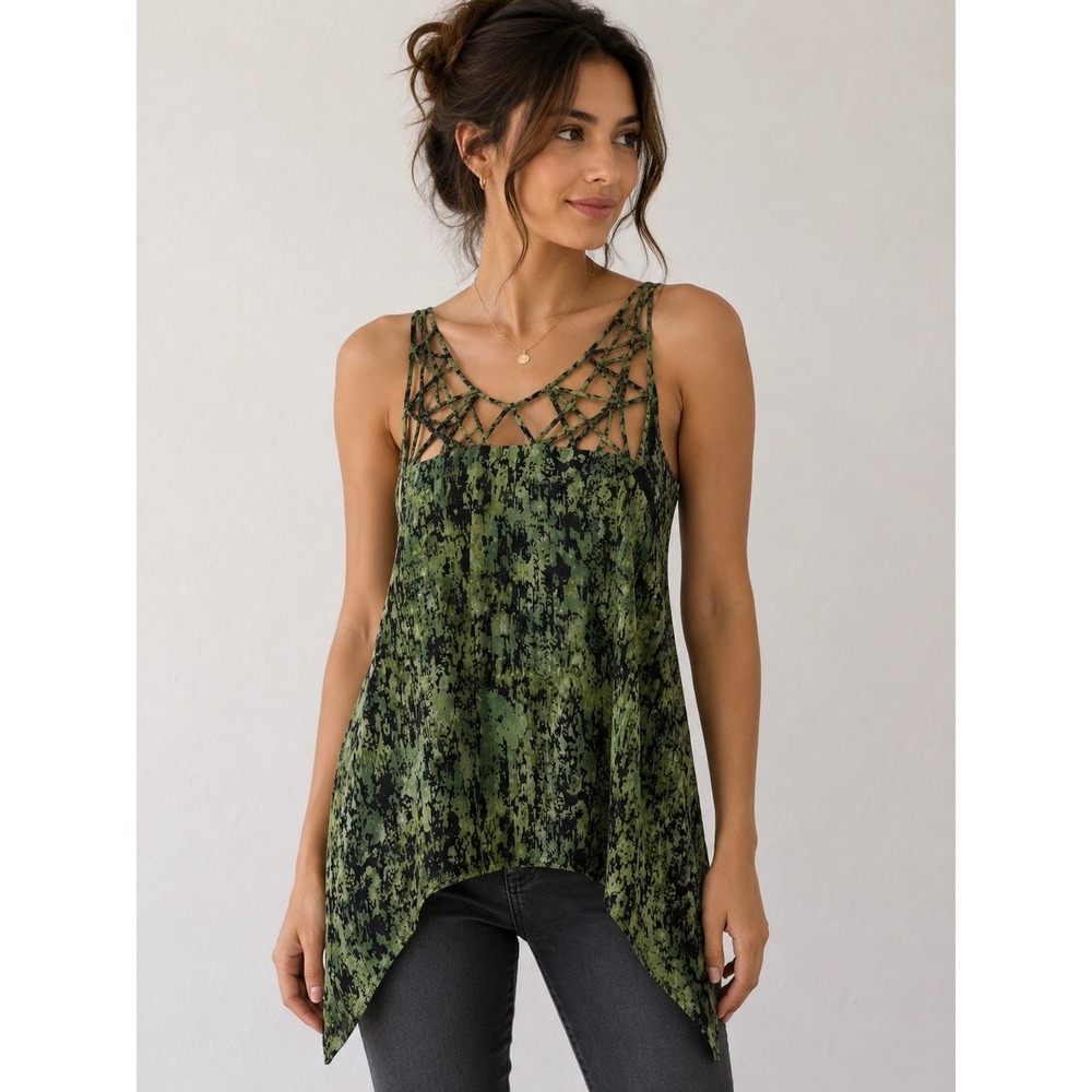 BCBG MAX AZRIA Baker Silk Cage Neck Tank Top Evergreen Abstract Size Small -2806